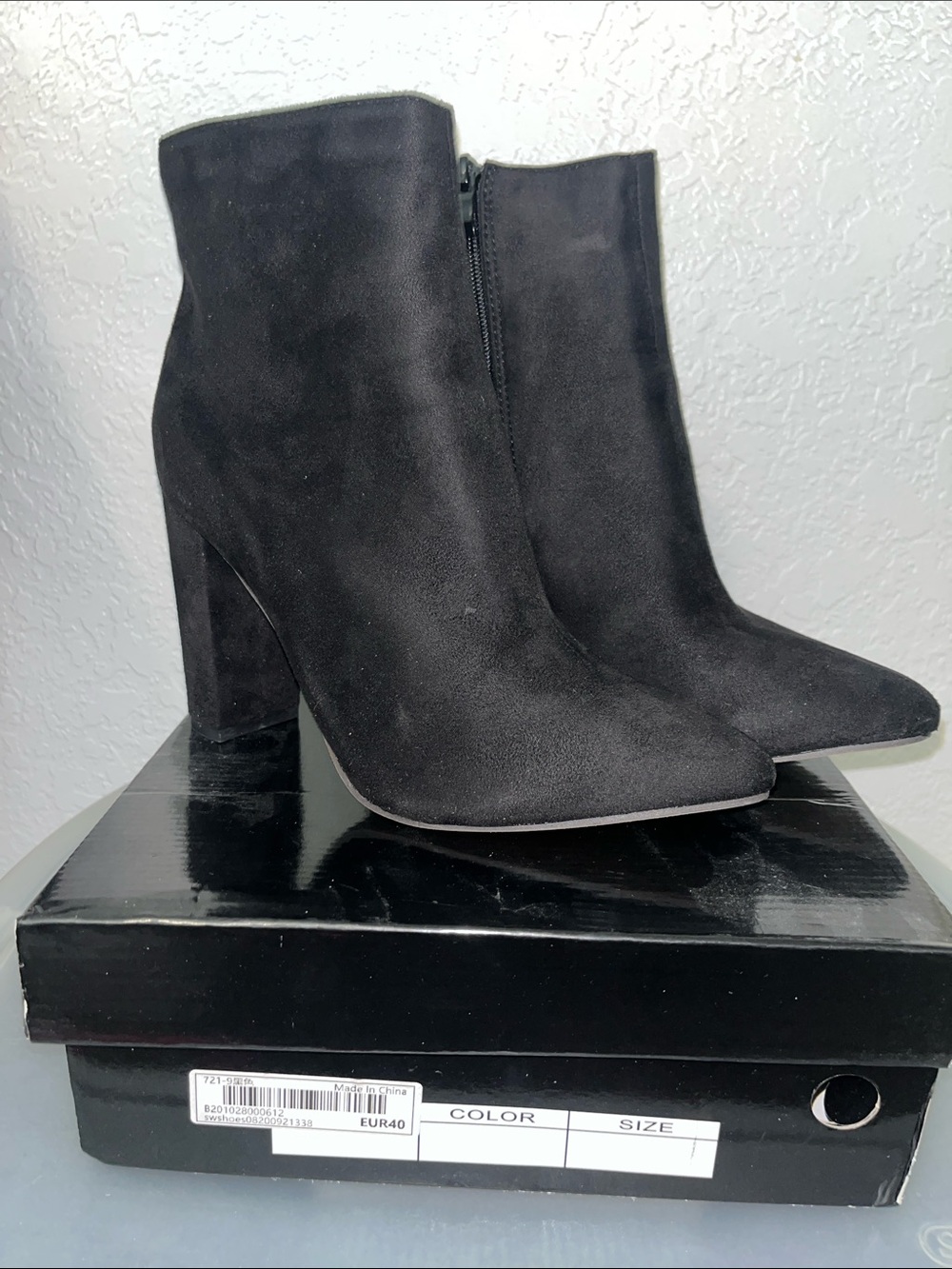 SHEIN Black Suede Pointed Toe Block Heel Ankle Boots